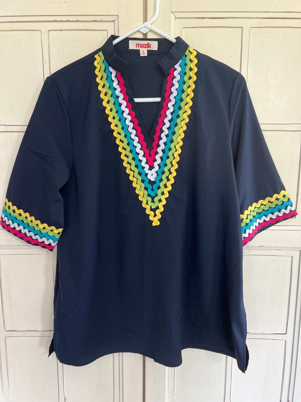 Mazik size medium navy blue top with colorful trim